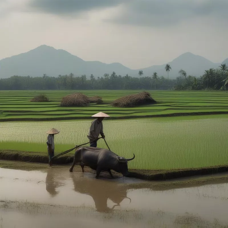 Người đàn ông đang cày lúa trên cánh đồng